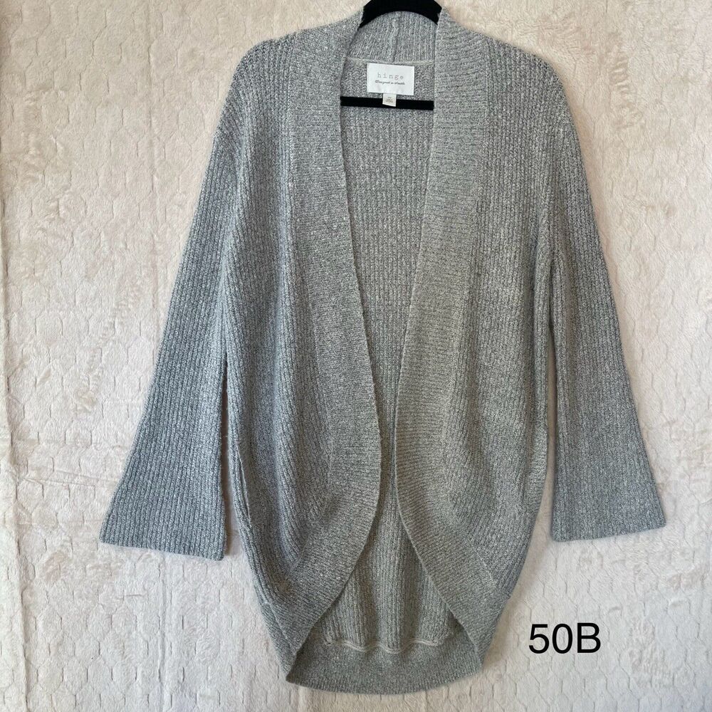Hinge Open Front Mid Length Bell Sleeve Gray Cardigan Sz XS Front Hidden Pockets